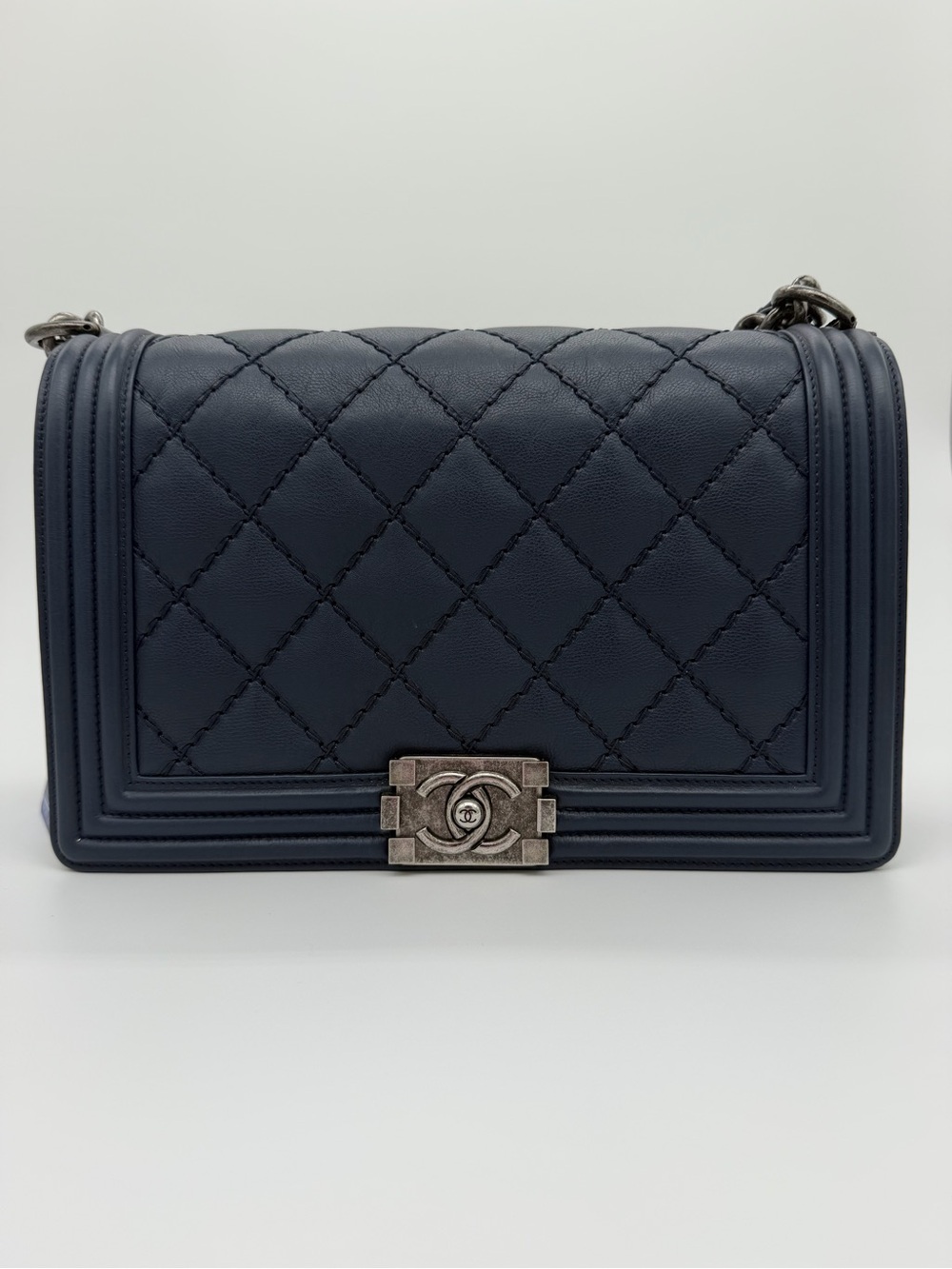 CHANEL Medium Navy Boybag  Quilted Boy Flap Shoulder Bag w/Silver-Tone Hardware
